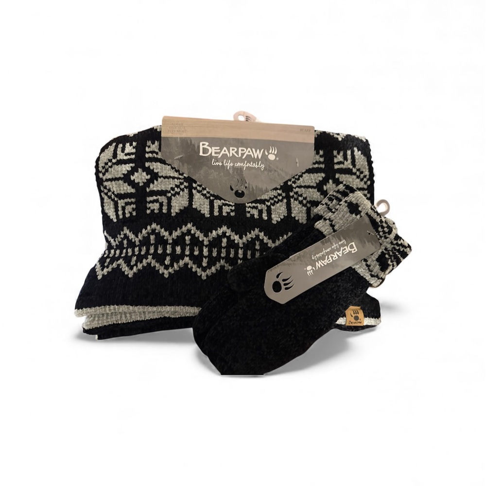 NWT BearPaw Black and Gray Knit Scarf and Mittens Set